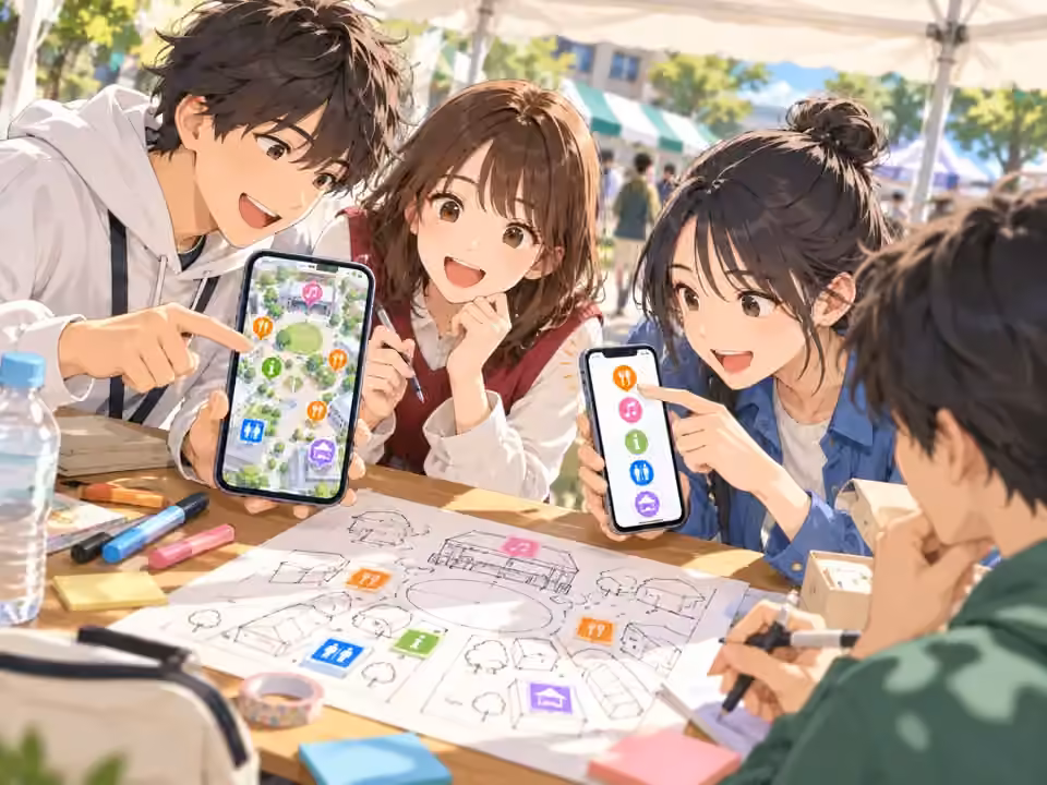 紙のパンフレットとスマートフォンの会場案内を併用するイベントのイメージ